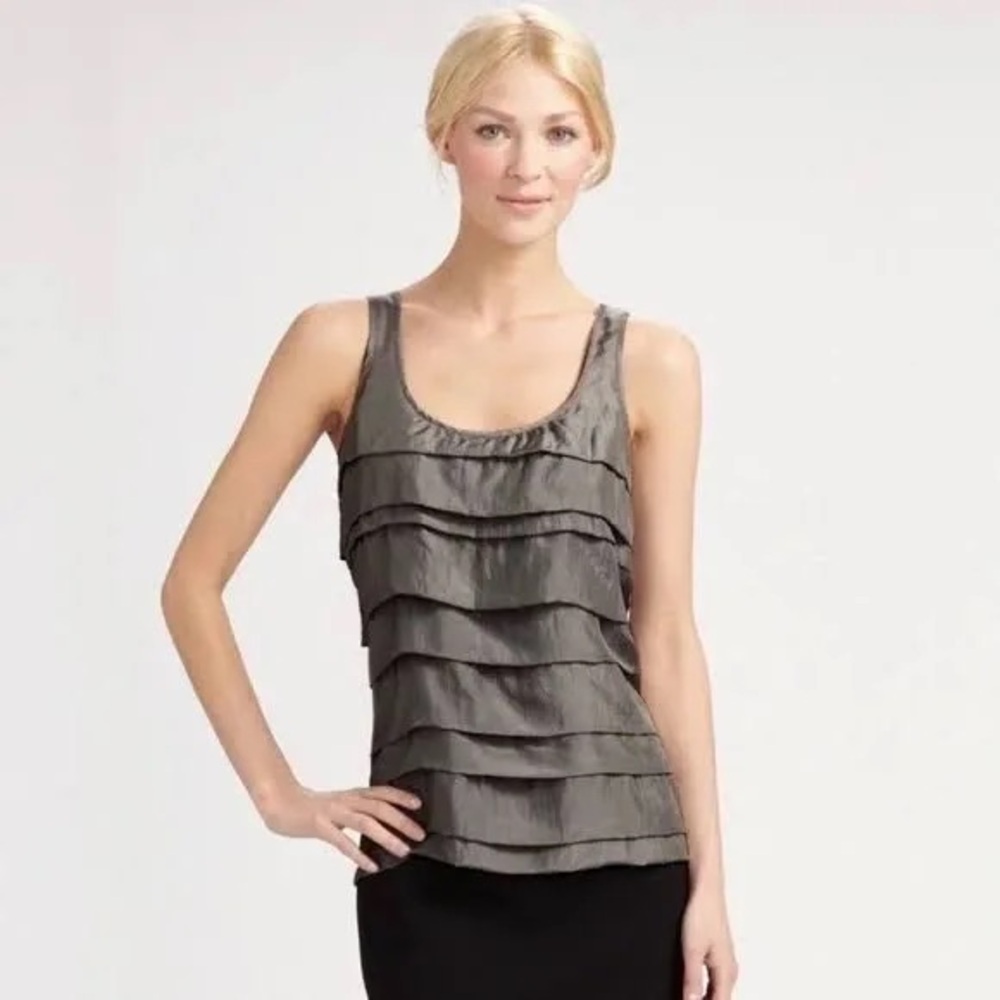 NWOT, Eileen Fisher, 100% Silk, Silver w/ Shimmer, Tiered Tank Top, Size Large